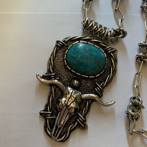 Silver Bull Skull Pendant Necklace with Turquoise Stone